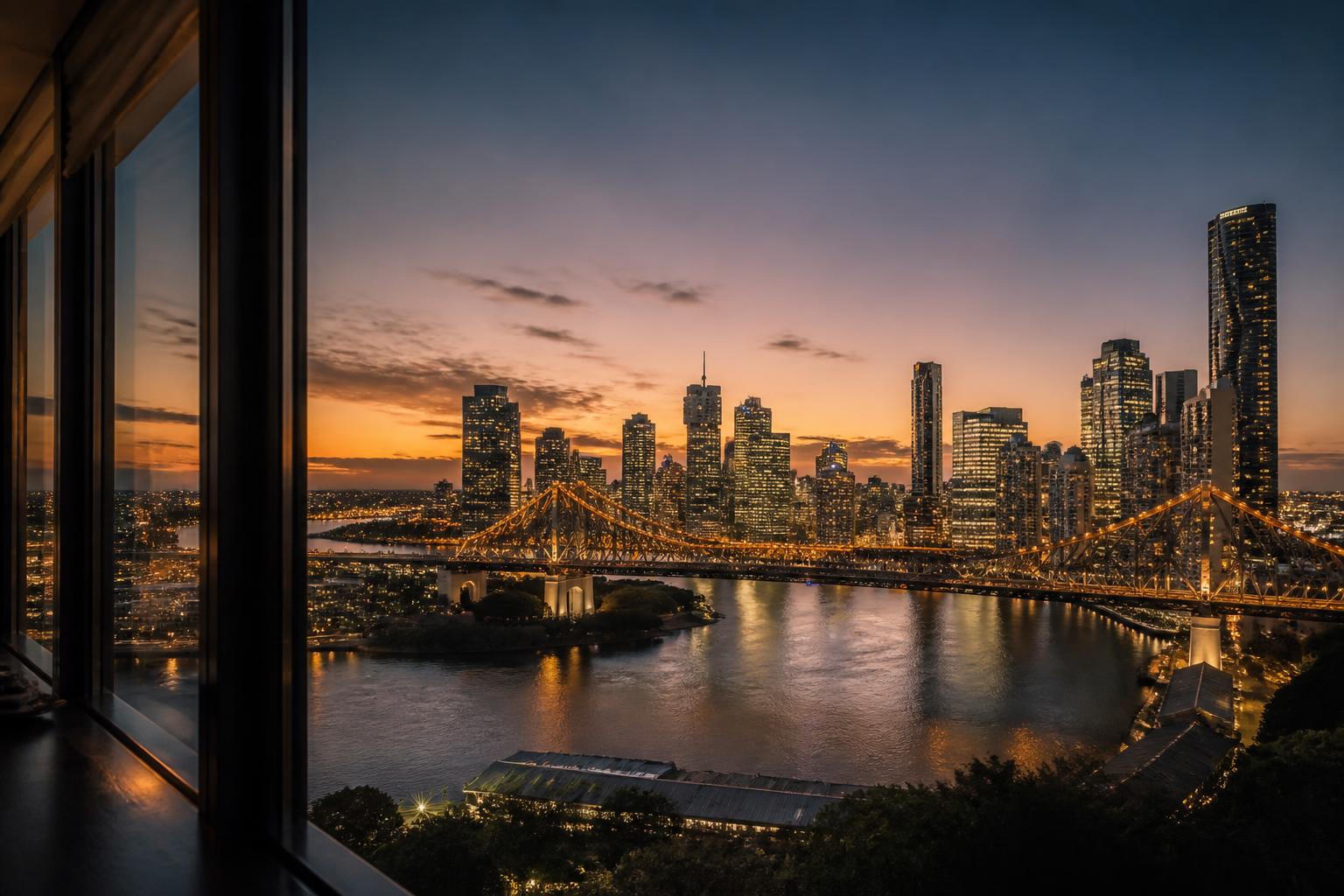 Brisbane CBD skyline at dusk from a high-rise window on Eagle Street