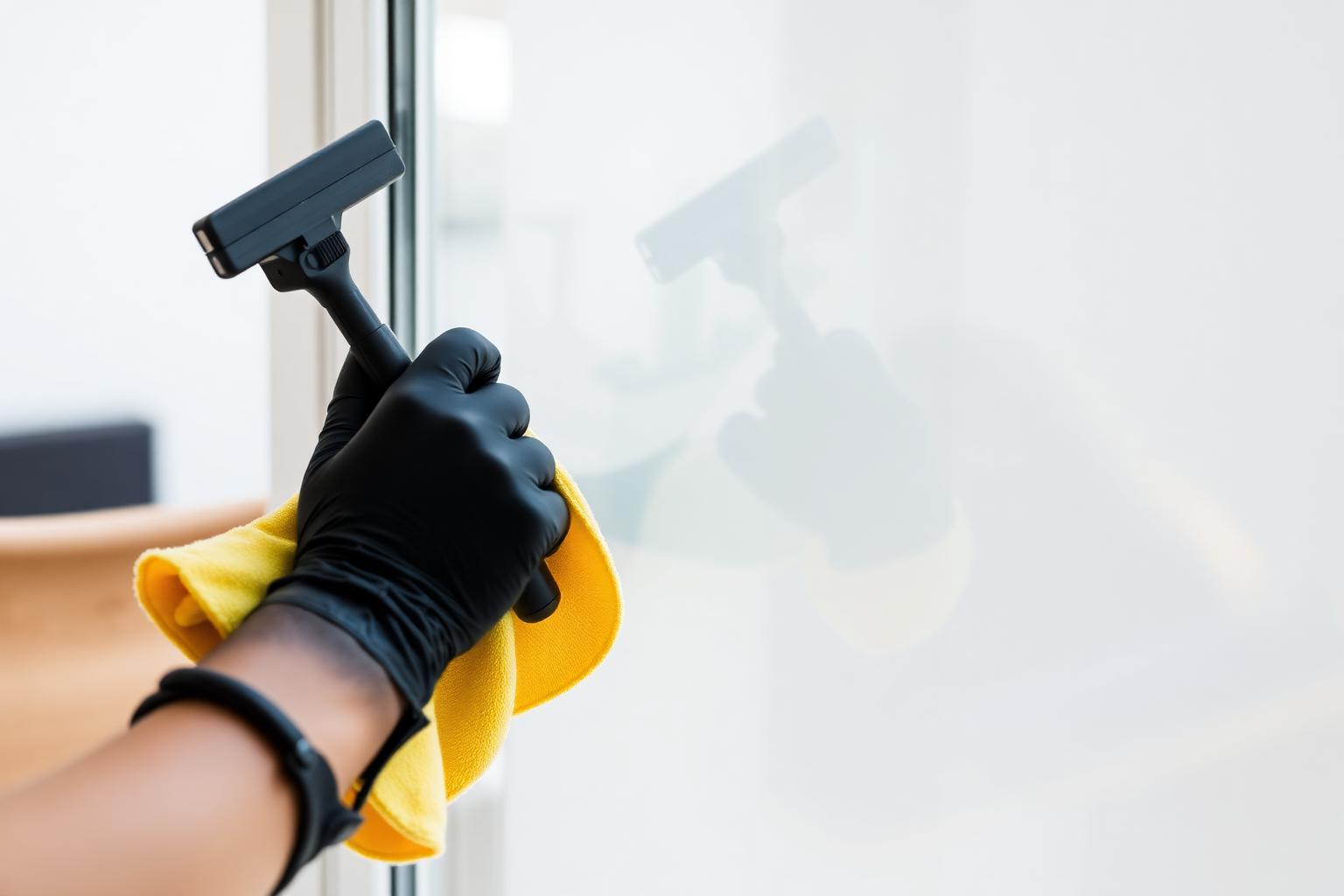 Professional cleaner washing a window with squeegee and microfiber cloth